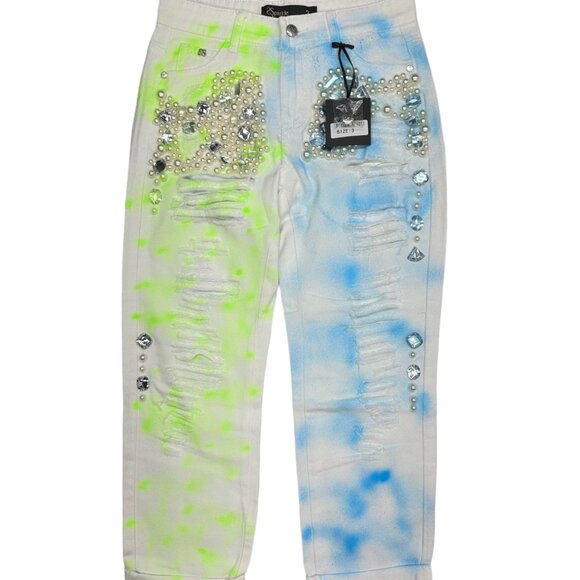 Reworked Sparkle Denim Pearls & Gems Boyfriend Jeans (3) - Picture 1 of 13